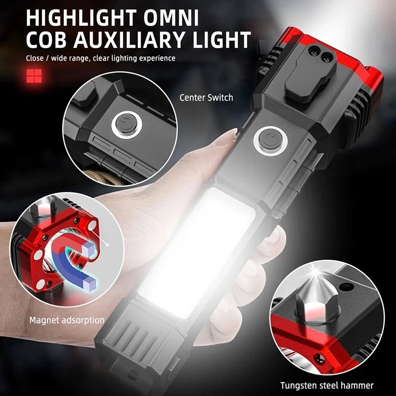 Lanterna Tática 4 em 1 com led super brilhante, Martelo Magnético de segurança, Imãs fortes, Lanterna portátil com luz lateral