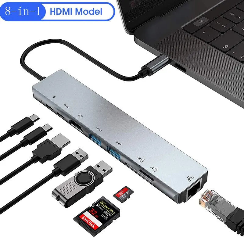 HUB USB tipo C 8 em 1, 4K Thunderbolt, 3 Docking Station, adaptador portátil para Note Tablete e Celular, RJ45, HDMI