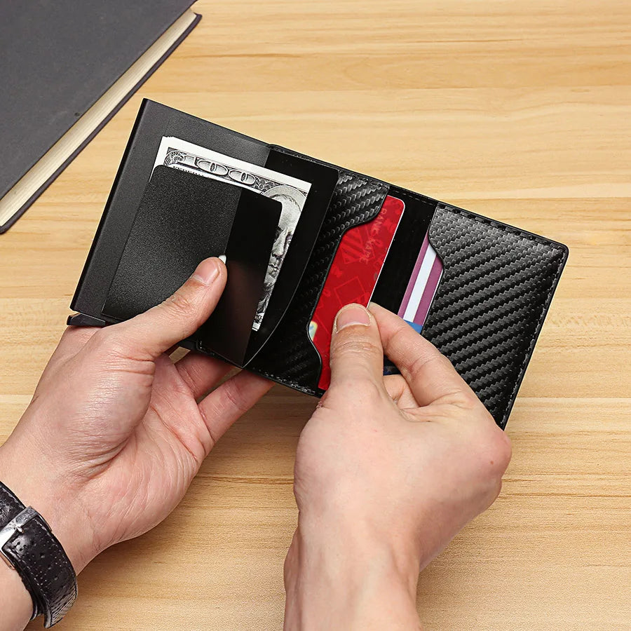 Carteira de Fibra de Carbono para Cartão de Crédito, Bloqueio RFID, Mini Carteira Antifurto, Porta-cartão de crédito