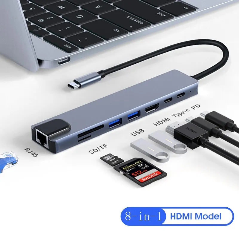HUB USB tipo C 8 em 1, 4K Thunderbolt, 3 Docking Station, adaptador portátil para Note Tablete e Celular, RJ45, HDMI
